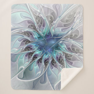 Couverture Sherpa Fleur Abstraite Fractale Moderne Avec Bleu