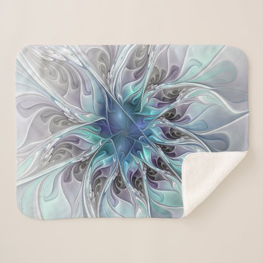 Couverture Sherpa Fleur Abstraite Fractale Moderne Avec Bleu (Devant (Horizontal))