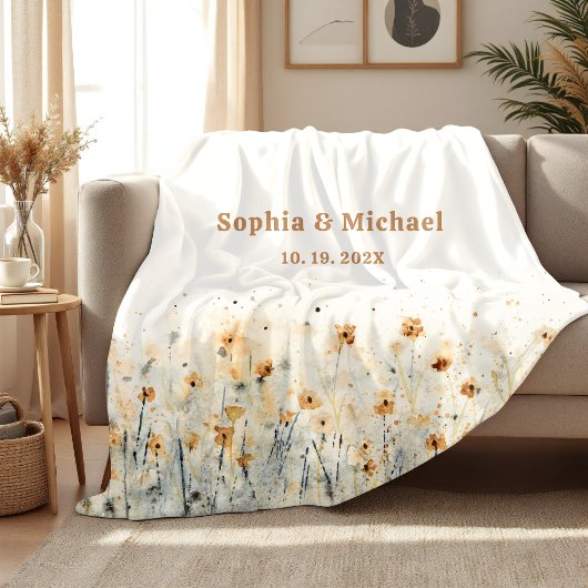 Couverture Sherpa Fleur Aquarelle Nom Date Couple 