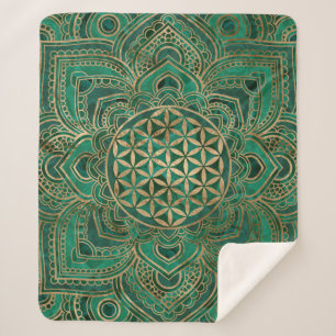 Couverture Sherpa Fleur de la vie dans Lotus - malachite et or