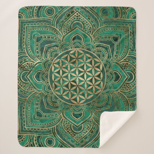Couverture Sherpa Fleur de la vie dans Lotus - malachite et or (Devant)