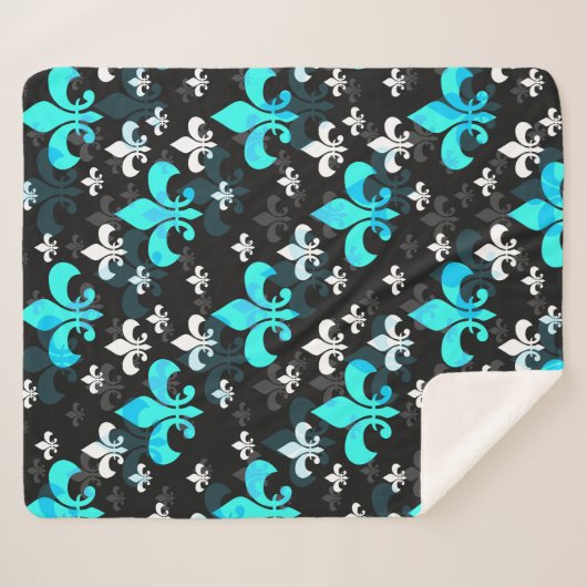 Couverture Sherpa Fleur De Lis Blanc Bleu (Devant (Horizontal))