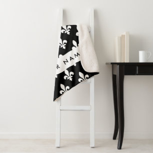 Couverture Sherpa Fleur de Lis, Blanc sur Noir, Blanc, Votre Nom