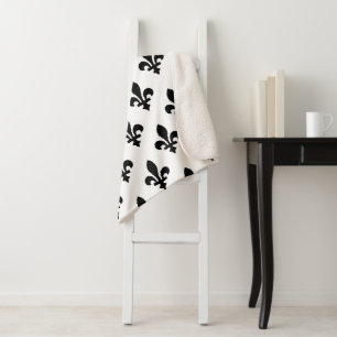 Couverture Sherpa Fleur de Lis Motif, Royal French, Noir sur Blanc