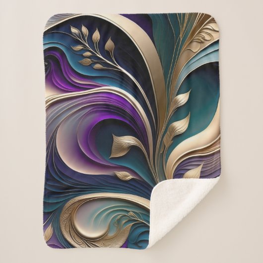 Couverture Sherpa Fleur Dorée - Flore Abstraite Violet Foncé et Sarc (Devant)