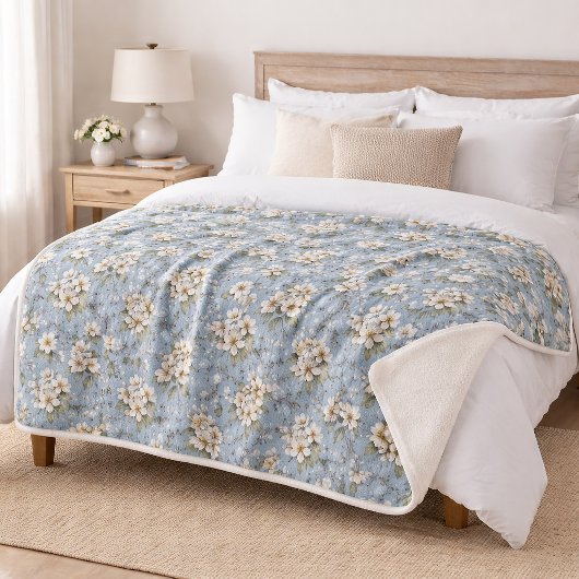 Couverture Sherpa Fleur Élégante Bleue