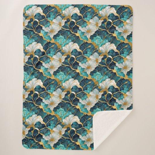 Couverture Sherpa Fleur Japonaise Sarcelle Or (Devant)