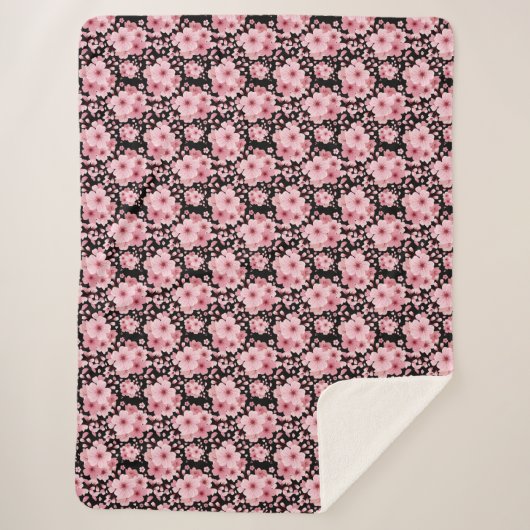 Couverture Sherpa Fleur mignonne noire rose cerise (Devant)
