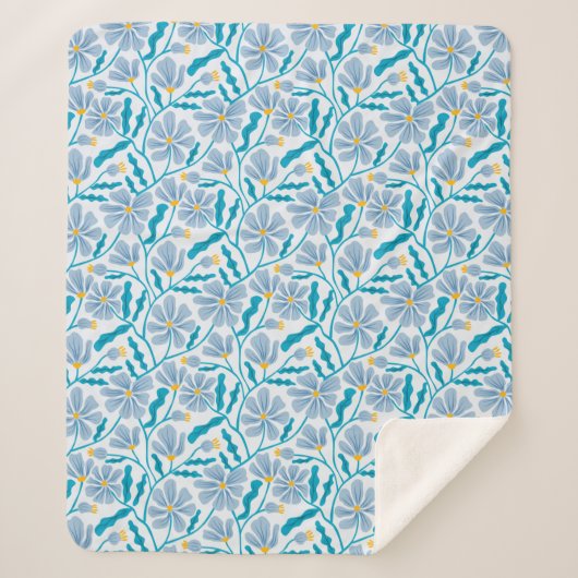 Couverture Sherpa Fleur moderne Abstraite bleue du milieu du siècle (Devant)