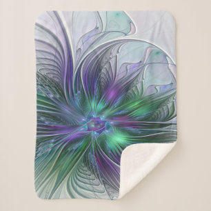 Couverture Sherpa Fleur vert violet Art Abstrait moderne Fractal