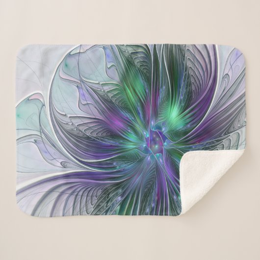 Couverture Sherpa Fleur vert violet Art Abstrait moderne Fractal (Devant (Horizontal))