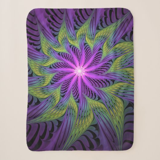 Couverture Sherpa Fleur verte violette Art abstrait fractal moderne (Devant)