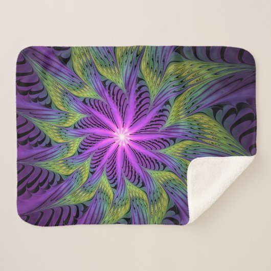 Couverture Sherpa Fleuron vert violet Art Abstrait fractal moderne (Devant (Horizontal))