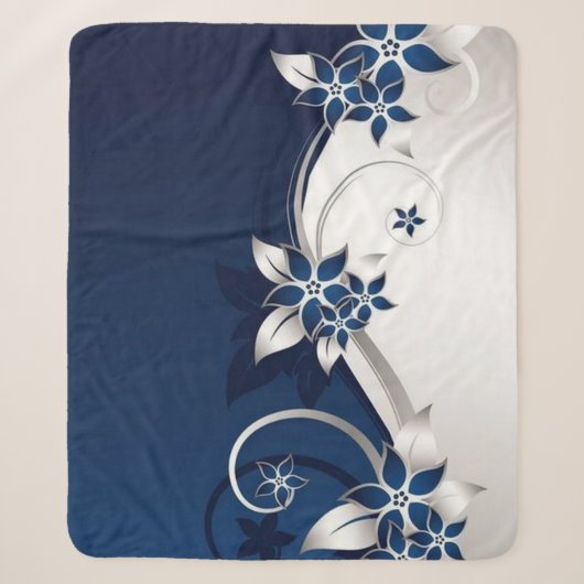 Couverture Sherpa Fleurs 3D bleu et blanc (Devant)