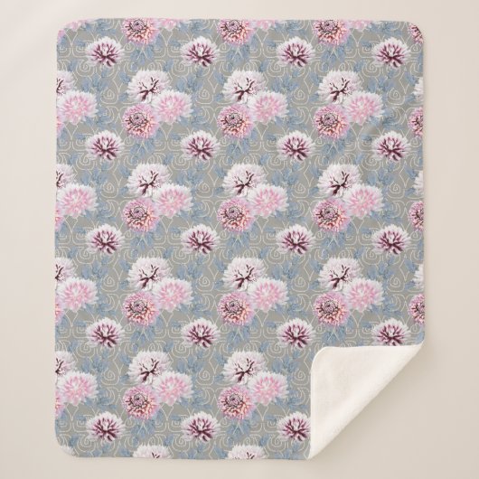 Couverture Sherpa Fleurs blanches et roses sur fond gris. (Devant)