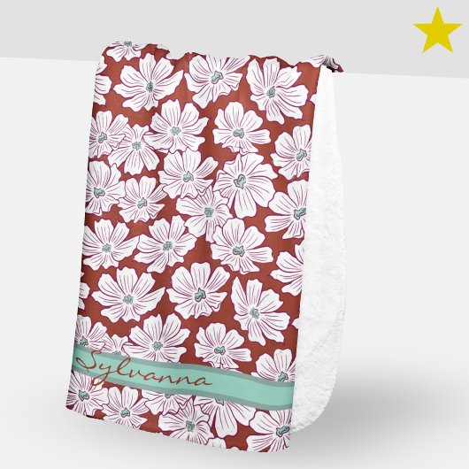 Couverture Sherpa Fleurs blanches rustiques dessin rouge sarcelle no