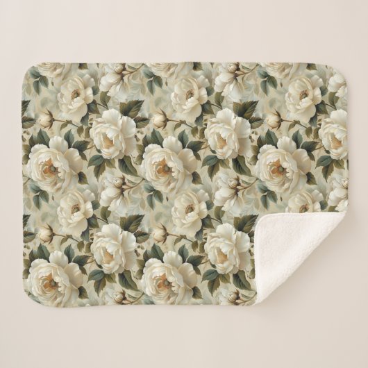 Couverture Sherpa Fleurs blanches sur un arrière - plan crème. (Devant (Horizontal))