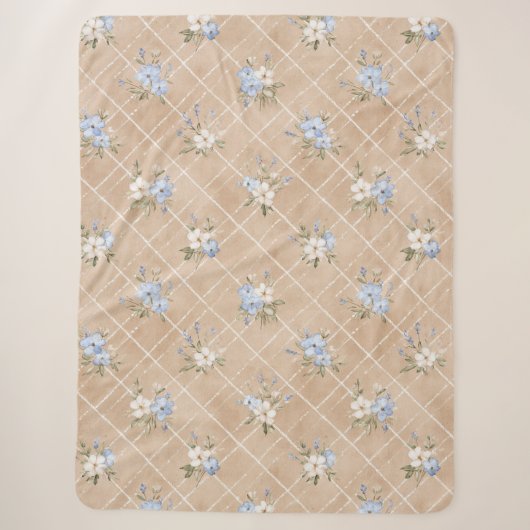 Couverture Sherpa Fleurs Bleues Blanches Beige (Devant)