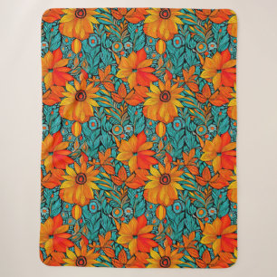Couverture Sherpa Fleurs Boho Bleu et Orange