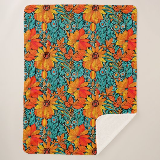Couverture Sherpa Fleurs Boho Bleu et Orange (Devant)