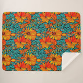 Couverture Sherpa Fleurs Boho Bleu et Orange (Devant (Horizontal))
