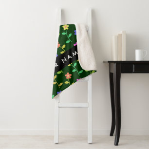 Couverture Sherpa Fleurs Colorées, Fond Vert, Noir
