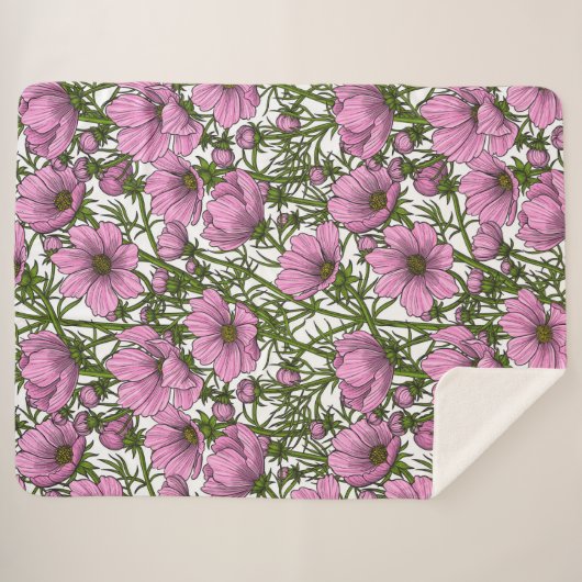 Couverture Sherpa Fleurs Cosmos roses (Devant (Horizontal))