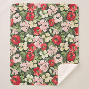 Couverture Sherpa Fleurs d'aquarelle de Noël bleues et vertes foncée