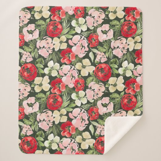 Couverture Sherpa Fleurs d'aquarelle de Noël bleues et vertes foncée (Devant)