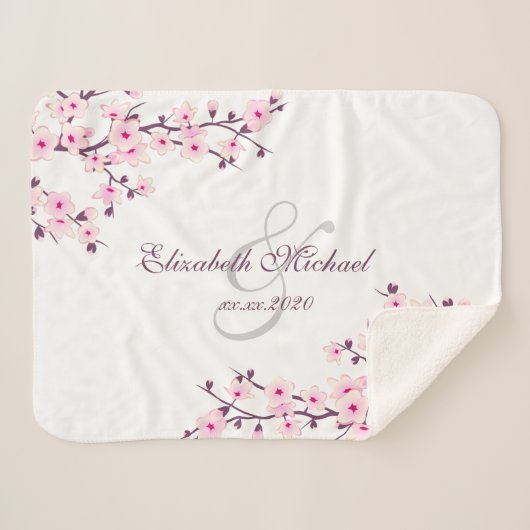 Couverture Sherpa Fleurs de cerise Rose Blanc Nouveaux mariés Enregi (Devant (Horizontal))