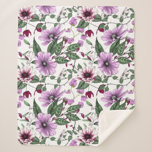 Couverture Sherpa Fleurs de lavande avec motif feuille vert (Devant)