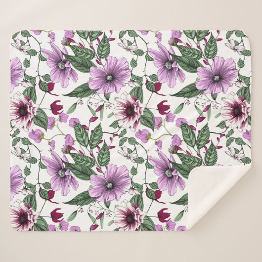 Couverture Sherpa Fleurs de lavande avec motif feuille vert (Devant (Horizontal))