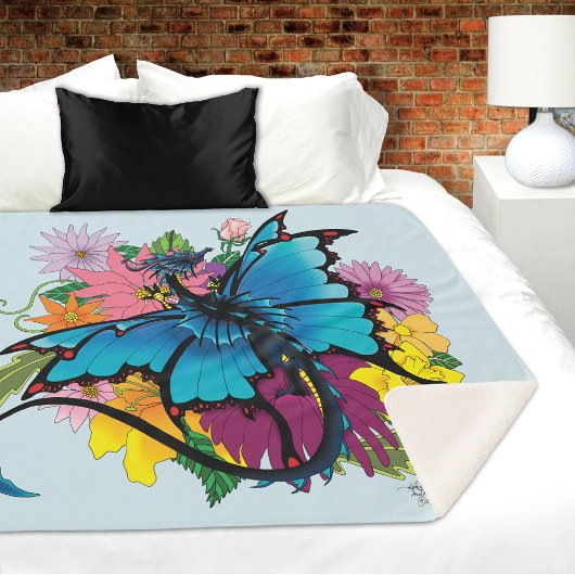 Couverture Sherpa Fleurs de papillon bleu Dragon