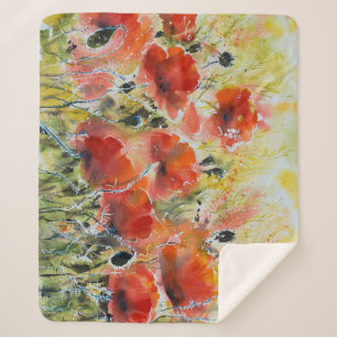 Couverture Sherpa Fleurs de pavot rouge, aquarelle douce.