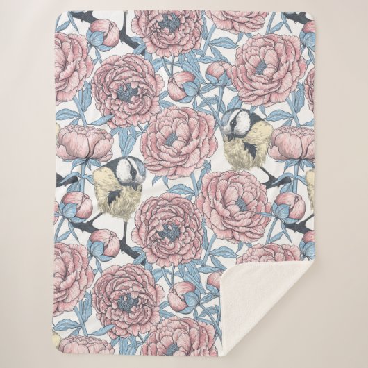 Couverture Sherpa Fleurs de pivoines et oiseaux (Devant)