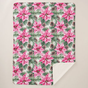 Couverture Sherpa Fleurs de poinsettia glamour argent rose 