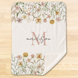 Couverture Sherpa Fleurs de prairie sauvage aquarelle monogrammées