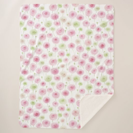 Couverture Sherpa Fleurs de Ranunculus Menthe Rose (Devant)