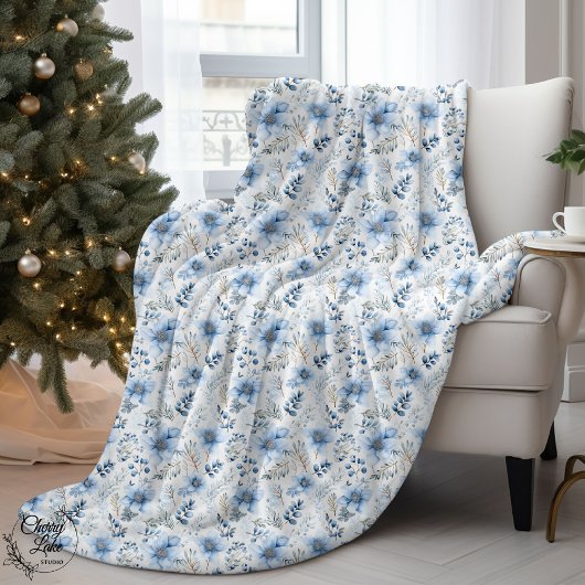 Couverture Sherpa Fleurs d'hiver à l'aquarelle bleue