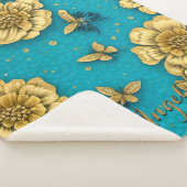 Couverture Sherpa Fleurs dorées Fond sarcelle Nom personnalisé (3/4)