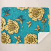 Couverture Sherpa Fleurs dorées Fond sarcelle Nom personnalisé (Devant (Horizontal))