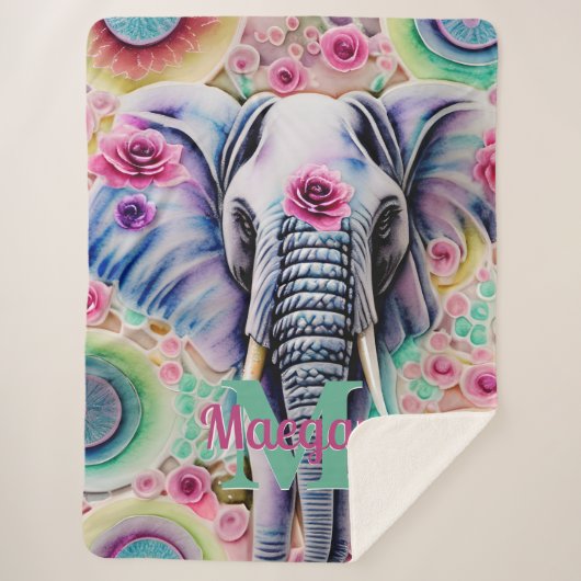Couverture Sherpa Fleurs et éléphant Nom personnalisé Aquarelle (Devant)