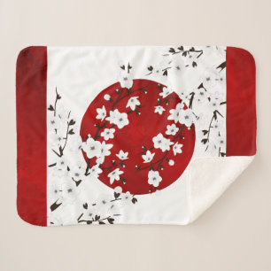 Couverture Sherpa Fleurs japonaises de cerisier Rouge Noir Blanc