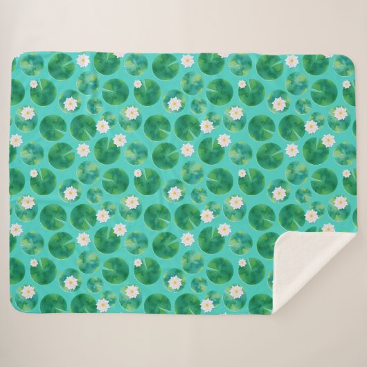 Couverture Sherpa Fleurs Lys d'Eau Blanche & Motif Lily Pad (Devant (Horizontal))