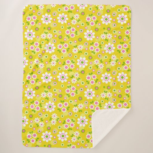 Couverture Sherpa Fleurs Mood Rétro Jaune & Blanc (Devant)