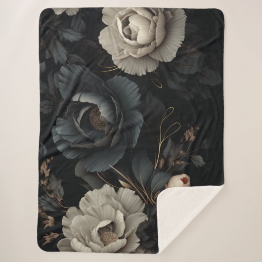 Couverture Sherpa Fleurs noires et blanches (Devant)