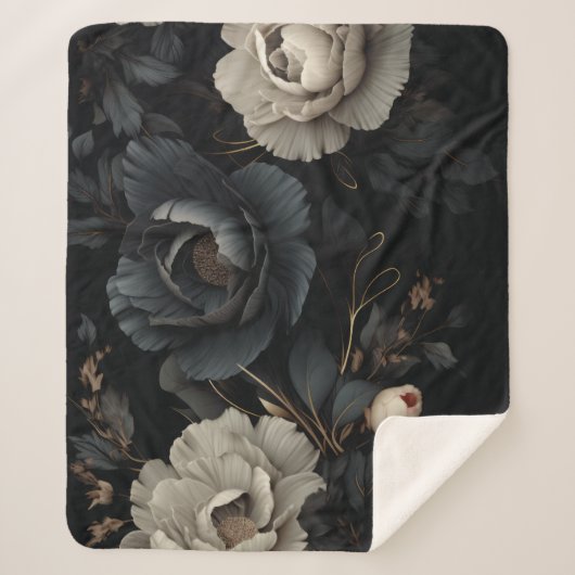 Couverture Sherpa Fleurs noires et blanches (Devant)