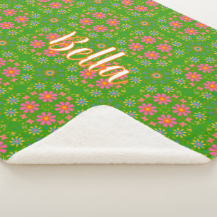 Couverture Sherpa Fleurs rétro Papillons rose jaune bleu orange
