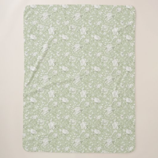 Couverture Sherpa Fleurs romantiques vert blanc (Devant)