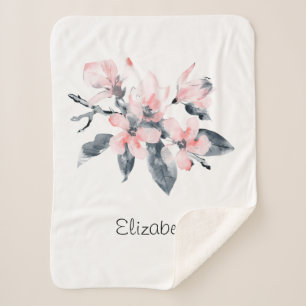 Couverture Sherpa Fleurs rose et gris Aquarelle classique